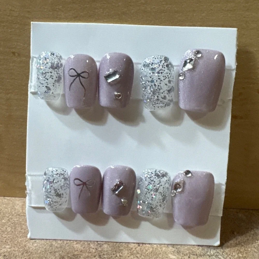 Lavender Purple Press On Nails Coffin Short Glitter Rhinestone Bow Coquette 10pc